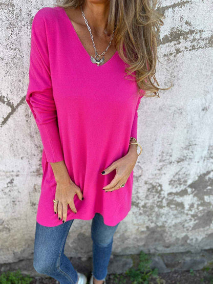 Solid Color V-neck Knitted Sweater Loose Top Women's Clothing