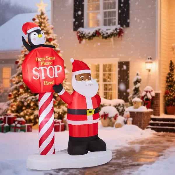 8.2FT Inflatable Black Santa with Road Sign - LED Lighted Christmas Yard Decoration - DropOnline.co