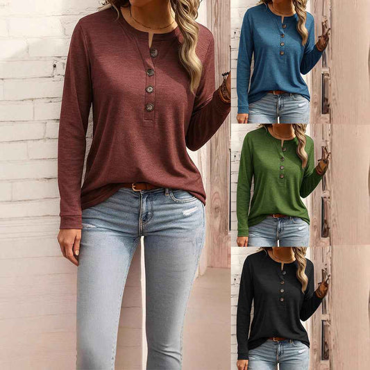 Women's Casual V-neck Placket Long Sleeve Pullover Multi-color Sweater
