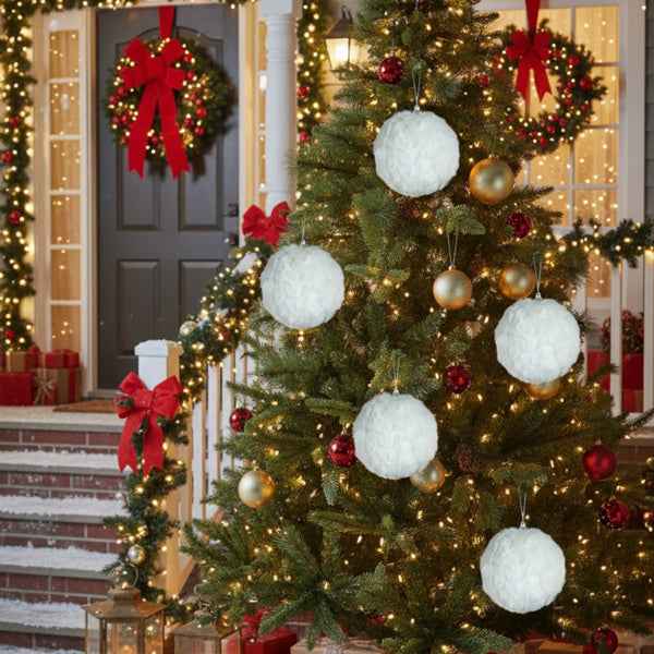 6PCS Cream Ruffle Christmas Ball Ornaments - White Polyester Hanging Tree Decorations (4 inch) - DropOnline.co