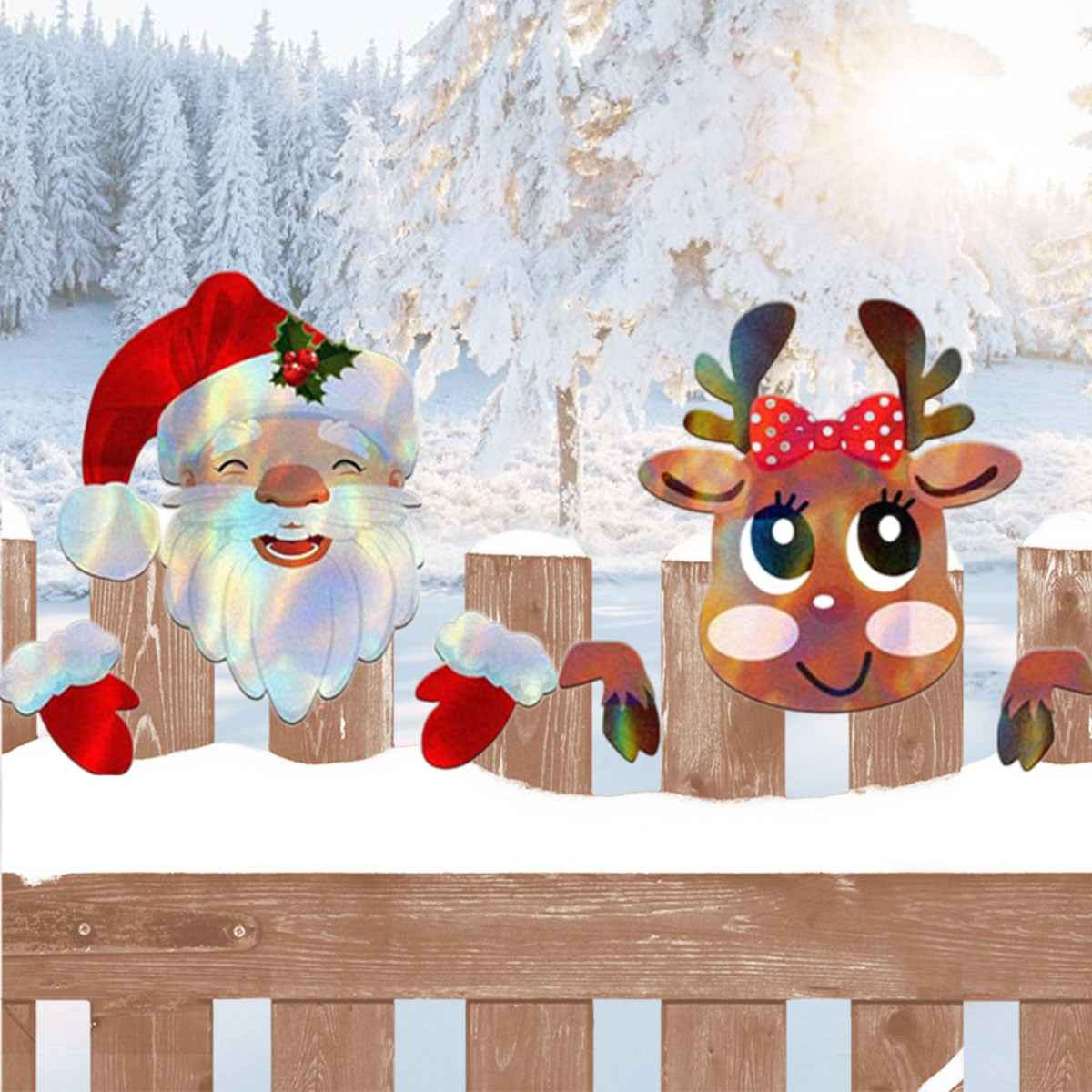 Christmas Fence Peeker Decoration - Peeking Santa & Elk with Stickers for Outdoor Display - DropOnline.co
