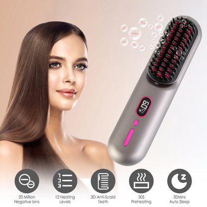 Grey-Black Options -- 1Pc Cordless Negative Ion Hair Straightener Brush Rechargeable Mini Styling Comb With 12 Heating Levels Anti-scald 30S Preheating 30Mins Auto Sleep LCD Display - DropOnline.co