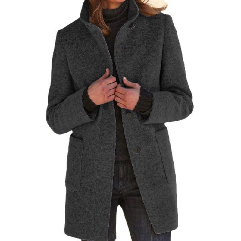 Pure Color Button Stand Collar Woolen Outwear