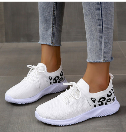 White Shoes Women Leopard Print Lace-up Sneakers Sports - DropOnline.co