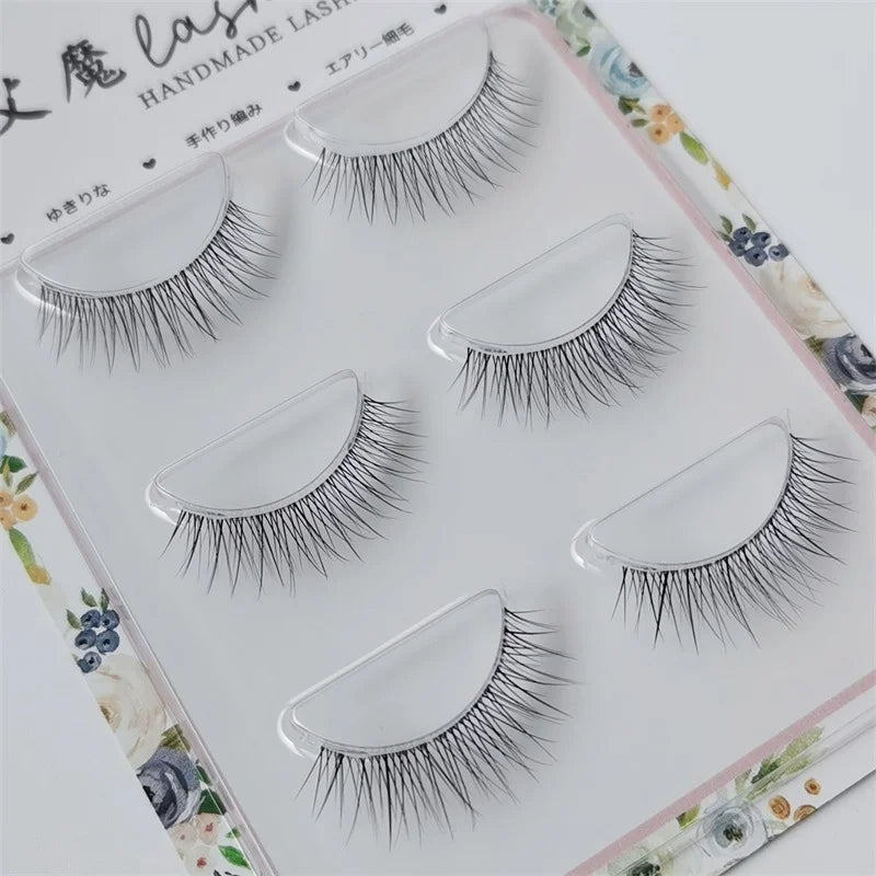 Natural False Eyelashes - Fine Stem Transparent Band 3 Pairs 10mm Fiber Lashes