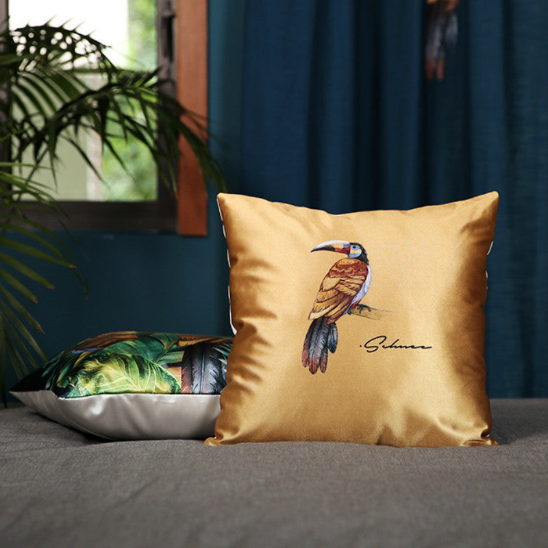 Modern rainforest bird green leaf print cushion cover
