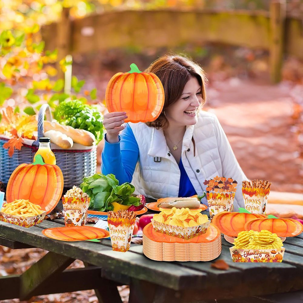 134 Pcs Thanksgiving Party Tableware Set - Pumpkin Plates, Popcorn Boxes & Fall Cocktail Picks