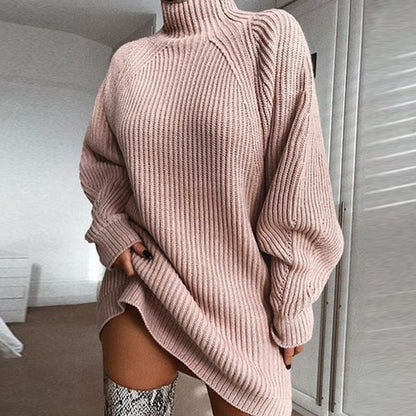 Solid Turtleneck Long Sweater Winter Warm Women Sweater Dress - DropOnline.co