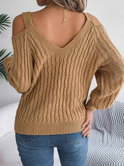 Women Casual Solid Color Cable Knit Off-Shoulder Lantern Sleeve Sweater