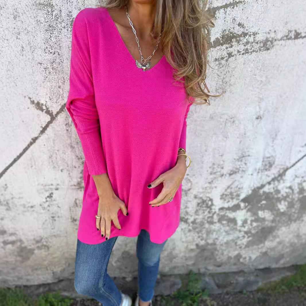 Solid Color V-neck Knitted Sweater Loose Top Women's Clothing