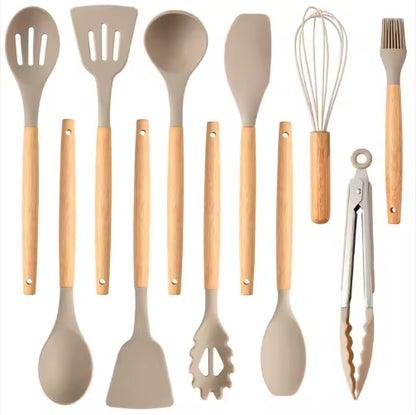 Non-Stick Silicon 12 Pcs Heat Resistant Wooden Handle Kitchen Cooking Utensils Set, Khaki Color - DropOnline.co