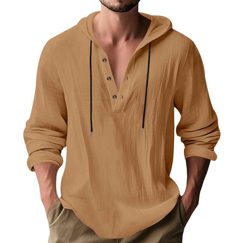 Men's Cotton Linen Hooded Shirt - Long Sleeve Casual Daily Sweater