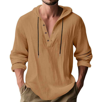 Men's Cotton Linen Hooded Shirt - Long Sleeve Casual Daily Sweater