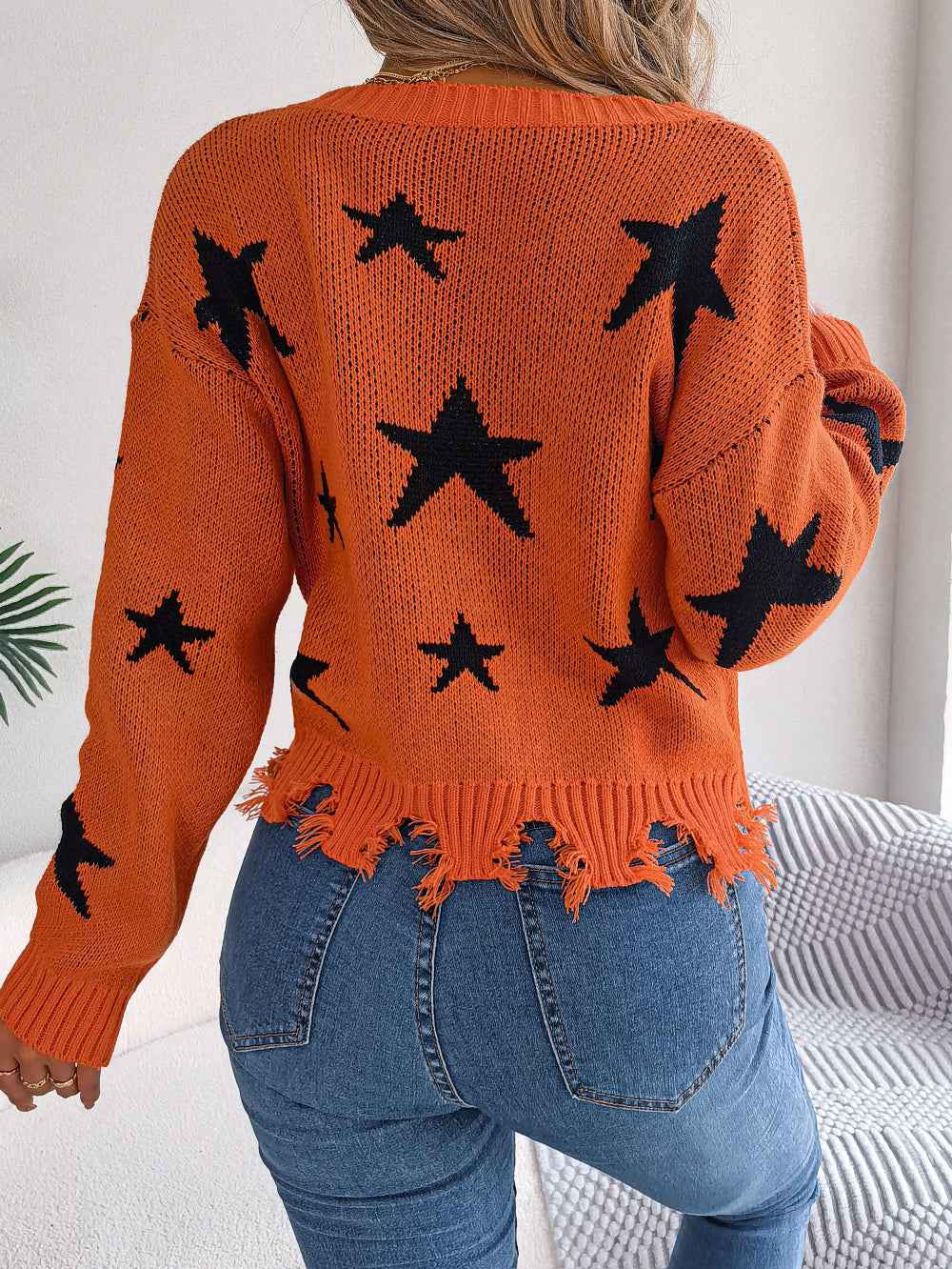 Women Casual V-Neck Star Distressed Long Sleeve Knit Sweater