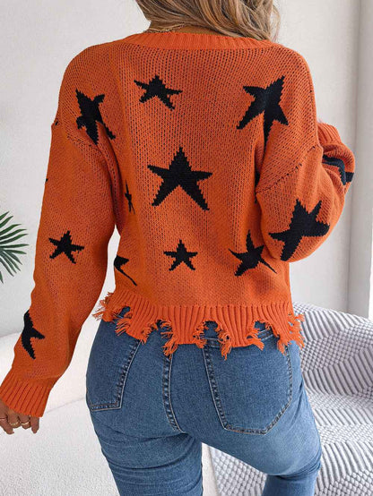 Women Casual V-Neck Star Distressed Long Sleeve Knit Sweater