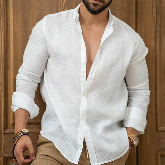 Men's Linen Button Shirt - Summer Beach Solid Color Casual Top