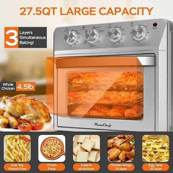 27.5QT 6-in-1 Air Fryer Toaster Oven Dropdown-Door 6-Slice Countertop Convection Oven For Air Frying, Baking, Roasting, Broiling & Grilling, 1600W, Sliver
