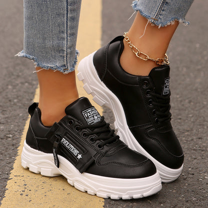 Lace-up Sports Shoes With Side-Zipper Design Fashion Thick-soled Round-toe Casual Shoes For Women Sneakers - DropOnline.co