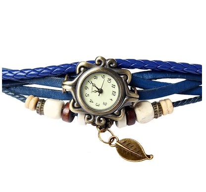Beautiful Bohemian Style Retro Handmade Leather Tree Leaf Women's Watches Blue - DropOnline.co