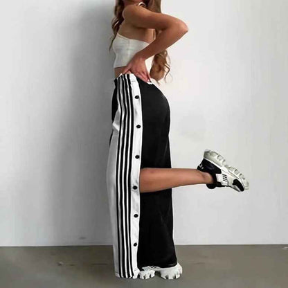 Fashion Trend Stripes Side Button Pants Wide Leg Pants