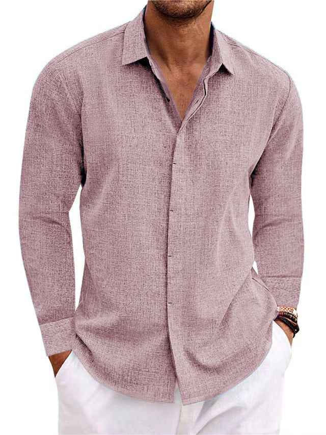 Men's Long Sleeve Cotton Linen Undershirt - Solid Color T-Shirt