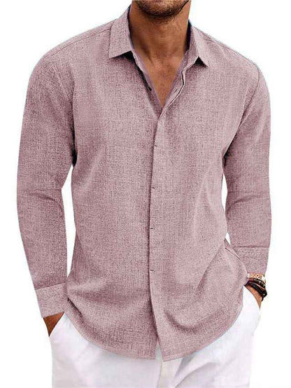 Men's Long Sleeve Cotton Linen Undershirt - Solid Color T-Shirt