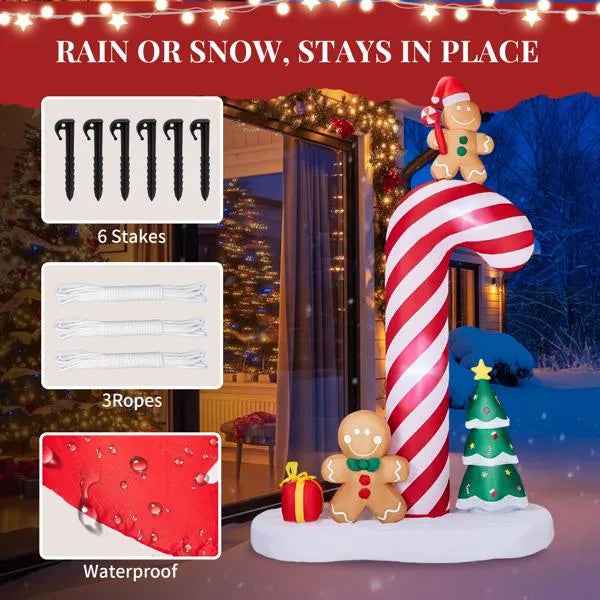 8.2FT Inflatable Giant Candy Cane with Gingerbread Men - LED Christmas Yard Decoration - DropOnline.co