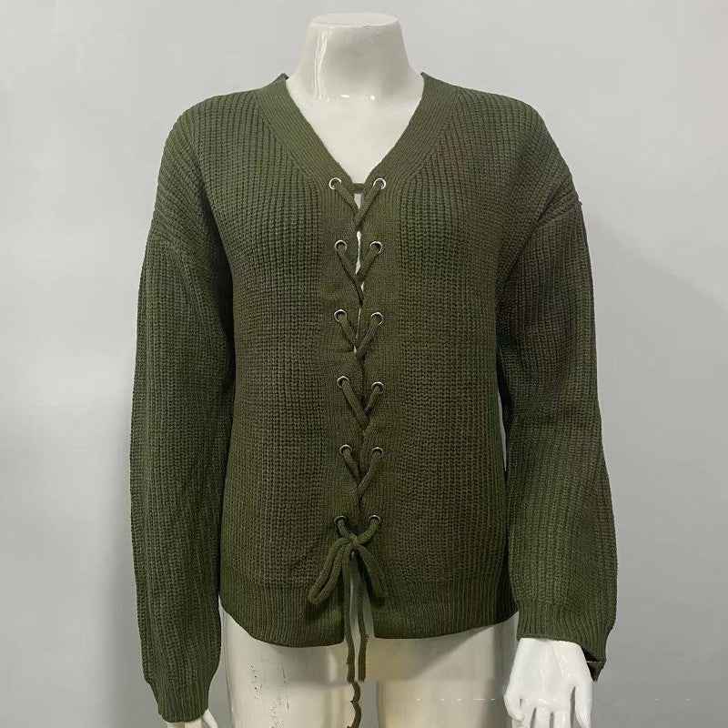 Solid Color And V-neck Hollow Out Tied Knitted Sweater