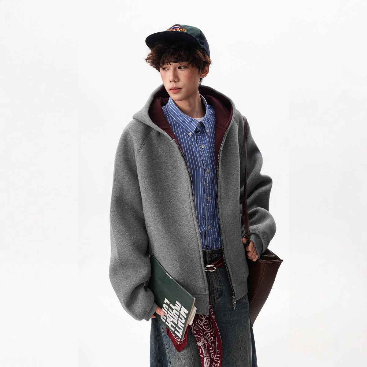 American Contrast Color Zipper Hooded Cardigan Sweater