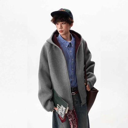 American Contrast Color Zipper Hooded Cardigan Sweater