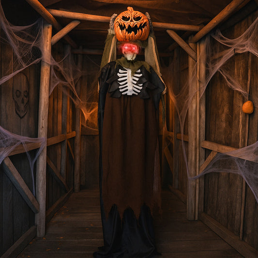 5.6ft Animatronic Pumpkin Head Ghost - Sound-Activated Halloween Decoration