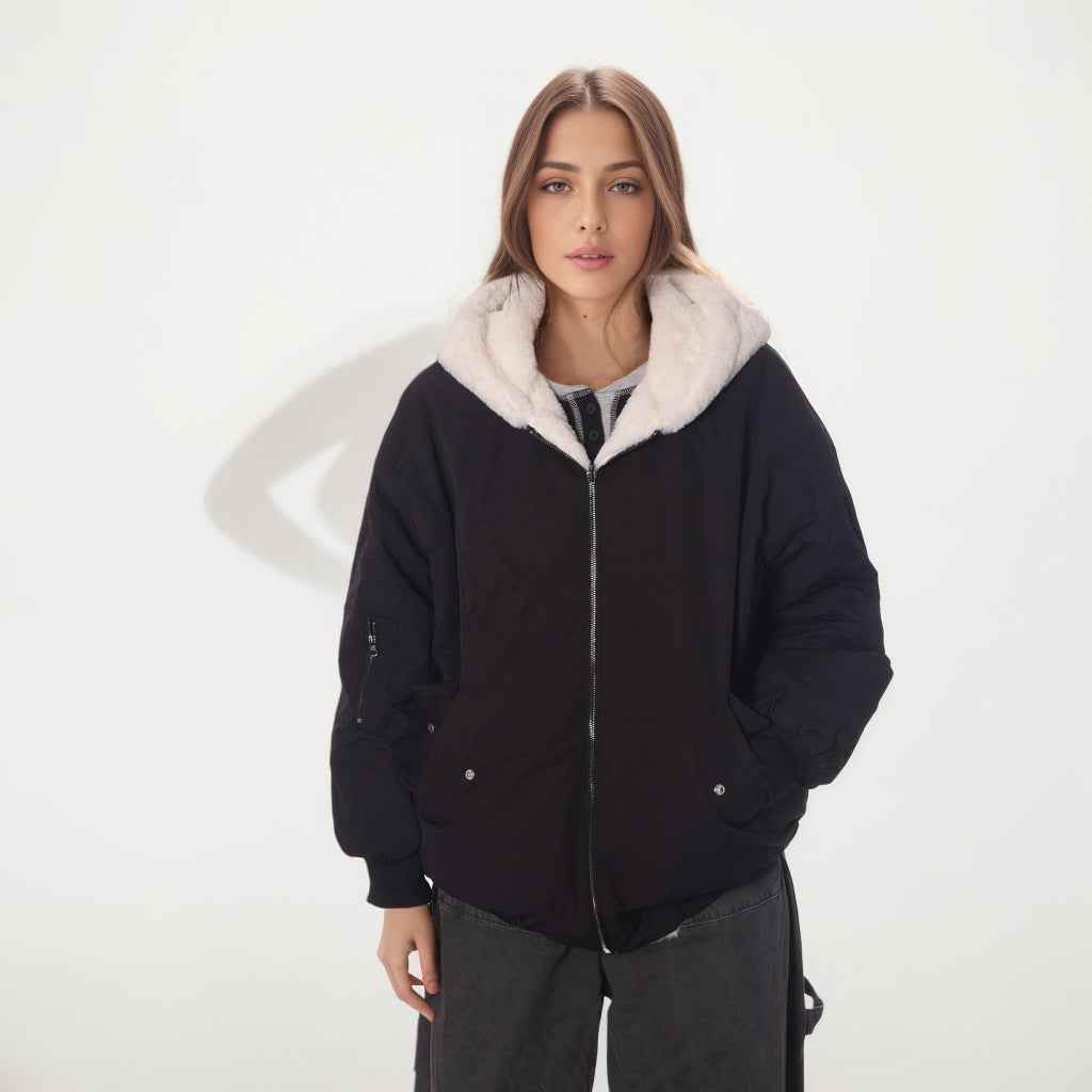 Double-sided Zipper Hooded Pocket Loose Thick Plush Coat