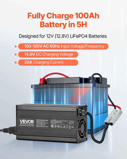 12V 20A Lithium Battery Charger 14.6V AC-DC LiFePO4 Smart Charger For RV