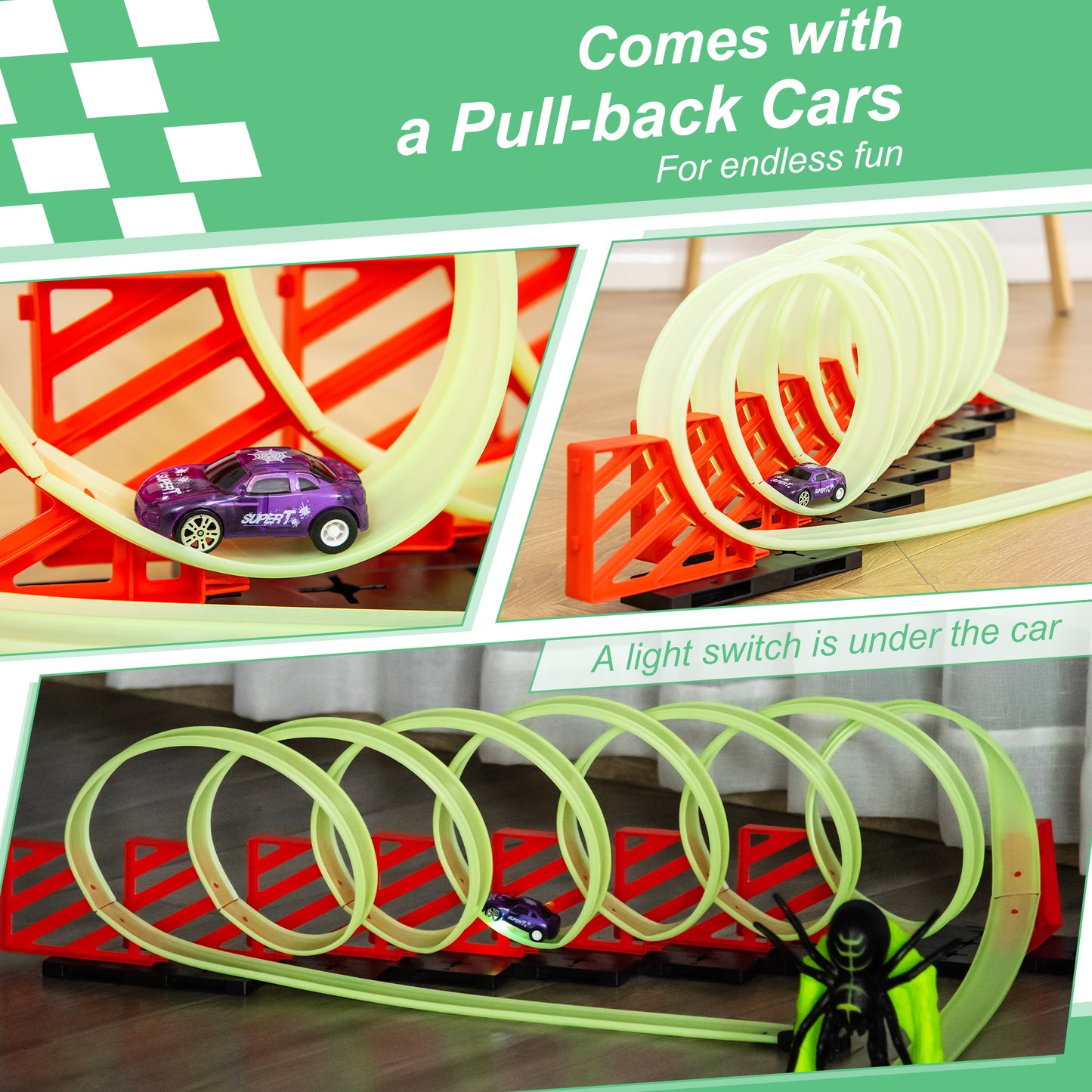 Track Builder Loop Kit Criss-Cross Glowing Race Track Toy Set Spooky Spider Fun Starter Kit