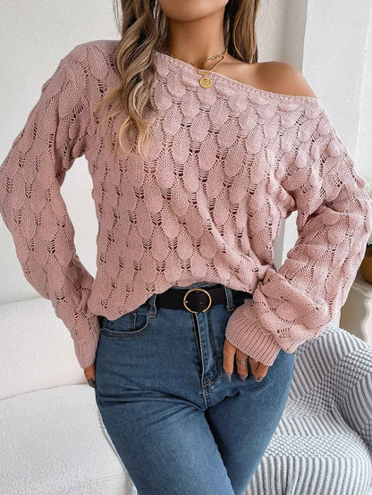 Women Casual Feather Hollow Out Off-Shoulder Lantern Sleeve Sweater