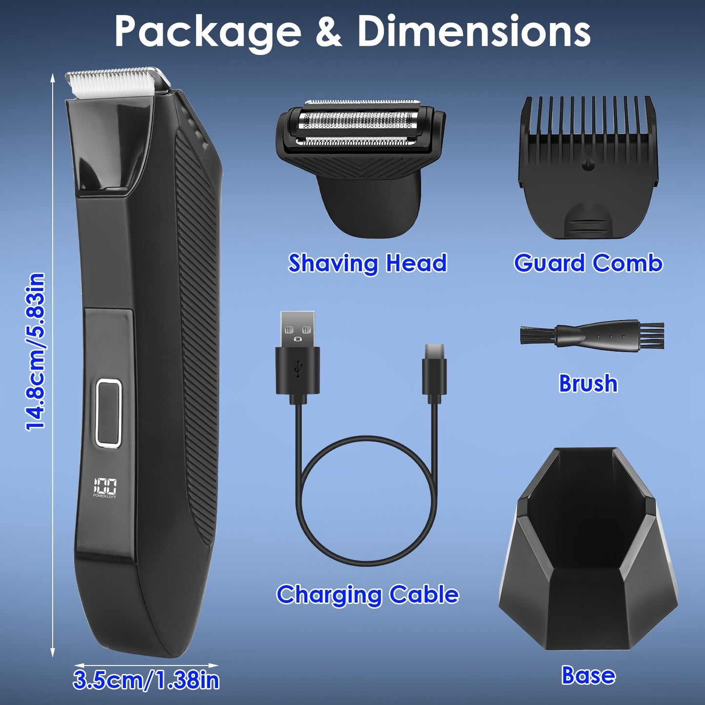 1Pc 2 In 1 Electric Body Trimmer For Men Cordless Beard Groin Ball Pubic Hair Shaver IPX7 Waterproof Razor With LED Light LCD Display Guard Comb Shaving Head