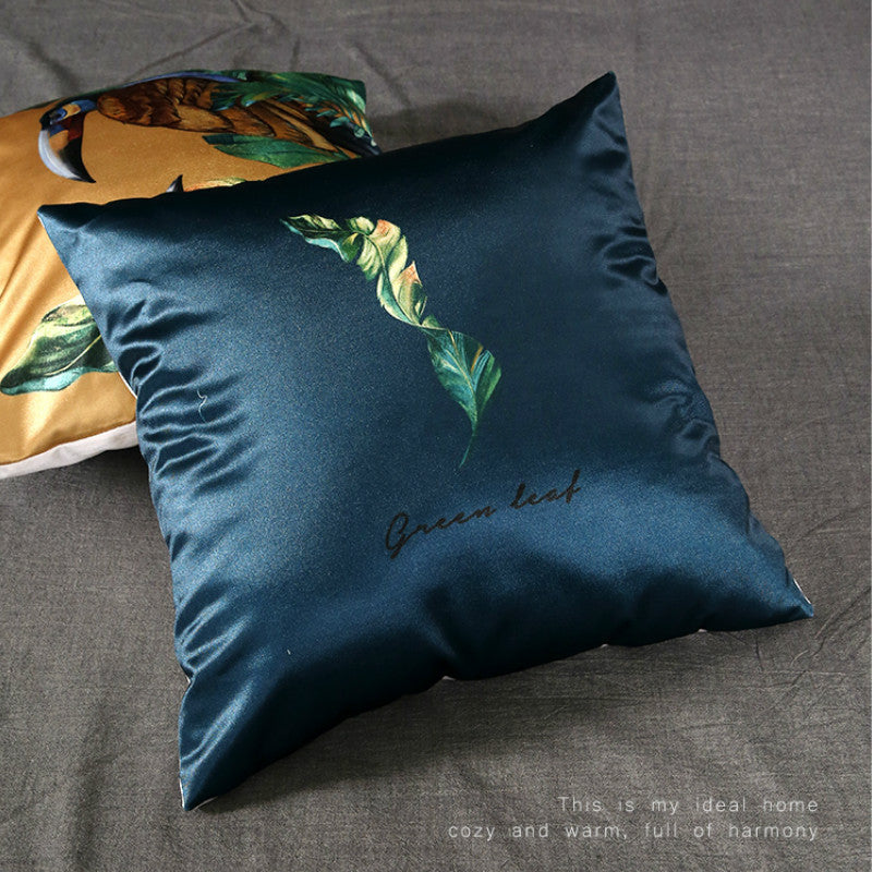 Modern rainforest bird green leaf print cushion cover