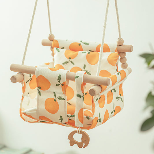 Cotton Canvas Baby Swing Chair - Wooden Hanging Swing Seat with Cushion for Indoor & Outdoor