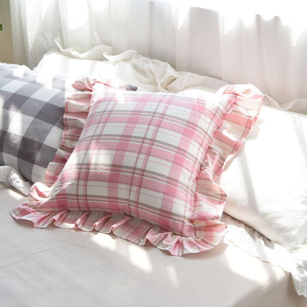 Ins Wind Ruffled Pillowcase Plaid Cotton Pillow Princess Wind Big Cushion