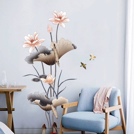 Chinese Style Lotus Flower Wallpaper - Self-Adhesive Living Room Sofa Background Wall Stickers