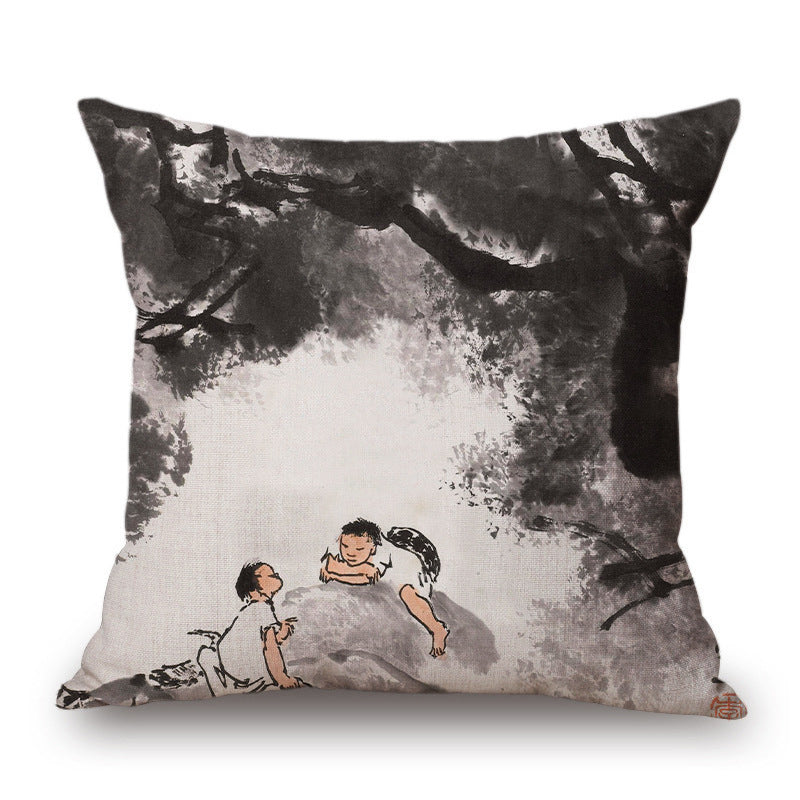 Retro Ink Painting Cushion Cover Chinese