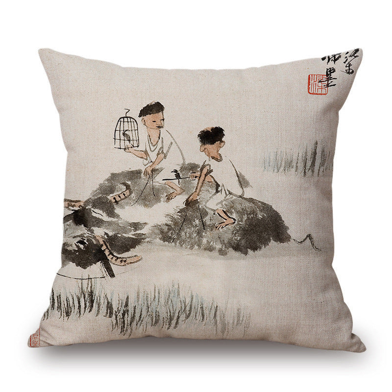 Retro Ink Painting Cushion Cover Chinese