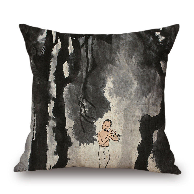 Retro Ink Painting Cushion Cover Chinese