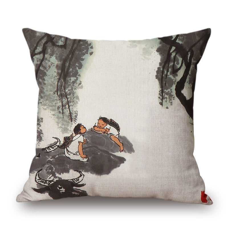 Retro Ink Painting Cushion Cover Chinese