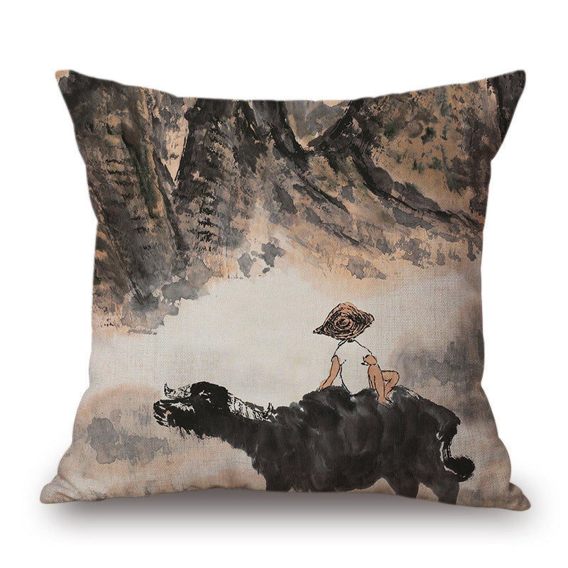 Retro Ink Painting Cushion Cover Chinese