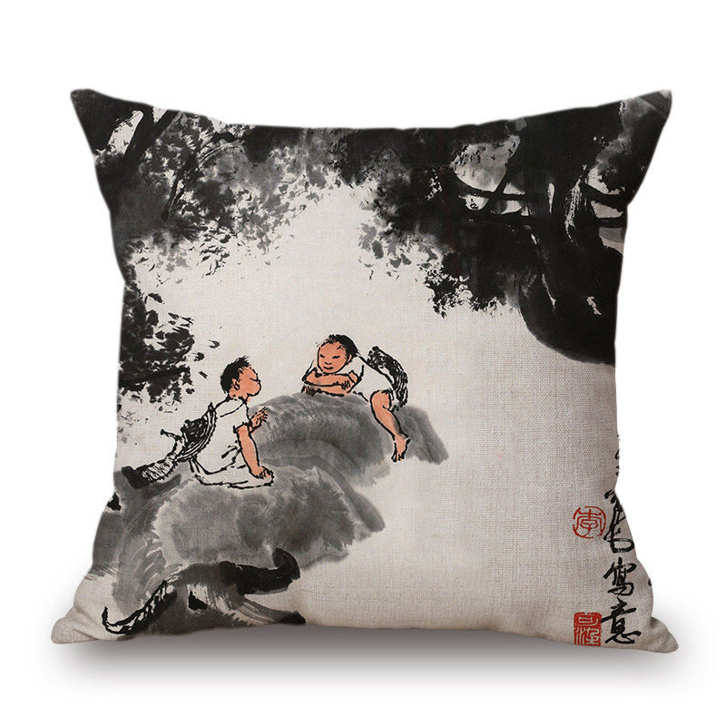 Retro Ink Painting Cushion Cover Chinese