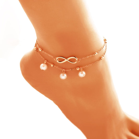Women's Alloy Anklet with 8-Shaped Double-Layer Pearls - Infinity Symbol Ankle Bracelet