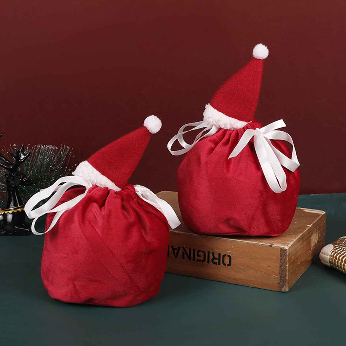5 Packs Christmas Treat Bags with Drawstring - 3D Xmas Santa Hat Gift Bags - DropOnline.co