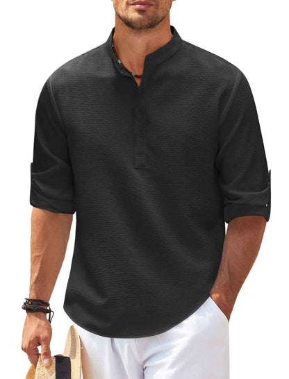 Men's Long Sleeve Stand Collar Shirt - Solid Color Casual Button-Up