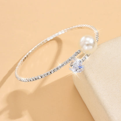 Women's Pearl Heart Full Diamond Bracelet Elastic Jewelry - DropOnline.co